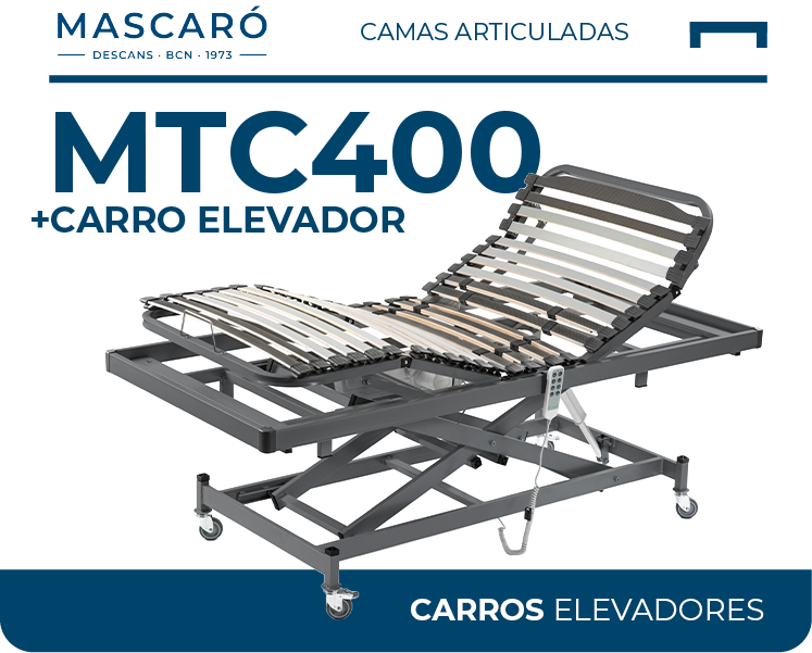 Cama articulada motorizada MTC400 con carro elevador de Descans Mascaró para residencias y uso asistencial
